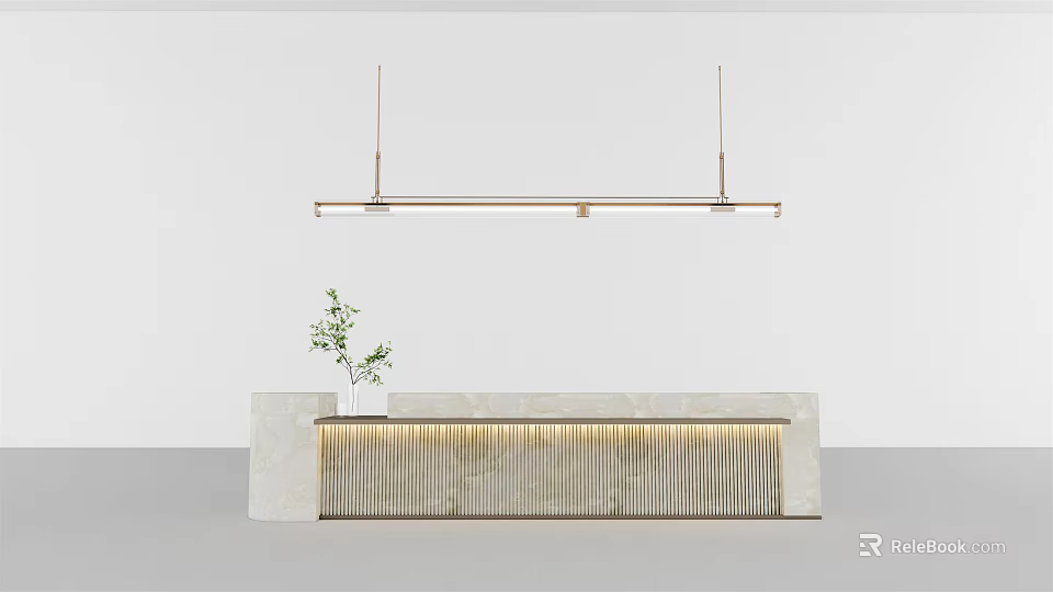 Modern Reception Desk Design With Marble Surface Hanging Light And Decorative Plant 3d model 