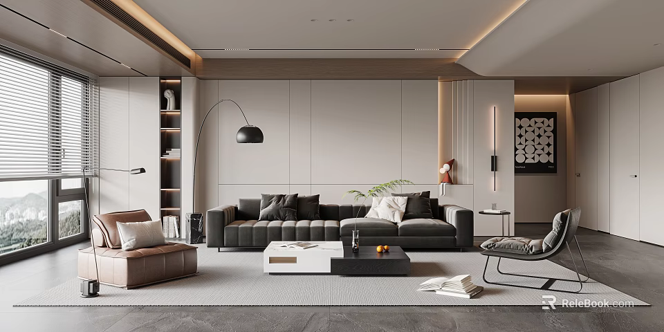 Modern Living Room Interior With Gray Sofa Brown Armchair Floor Lamp And Coffee Table 3d model 