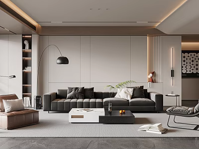 Modern Living Room Interior With Gray Sofa Brown Armchair Floor Lamp And Coffee Table 3d model