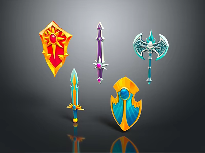 Colorful Mythical Fantasy Weapons And Shields In Detailed 3D Rendered Artwork 3d model