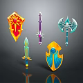 Colorful Mythical Fantasy Weapons And Shields In Detailed 3D Rendered Artwork