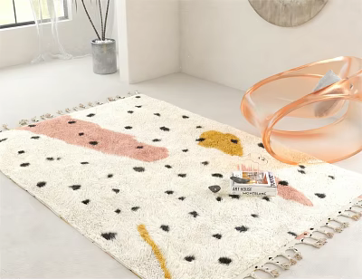 White Square Area Rug With Pink Yellow Black Spots And Fringed Edges In Modern Room 3d model