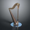 Elegant Golden Harp Musical Instrument With Intricate Carvings And Transparent Stable Base