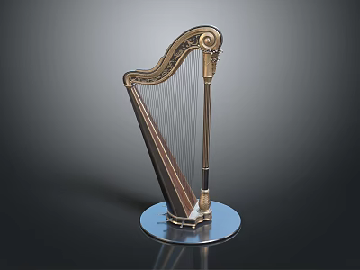 Elegant Golden Harp Musical Instrument With Intricate Carvings And Transparent Stable Base 3d model