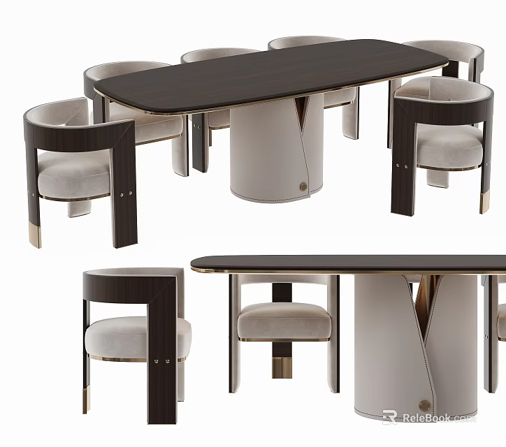 Modern Oval Dining Table Set With Dark Wood Top Light Base And Upholstered Chairs 3d model 