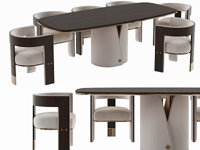 Modern Oval Dining Table Set With Dark Wood Top Light Base And Upholstered Chairs 3d model