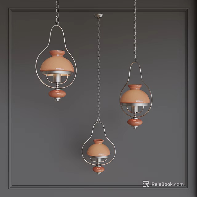 Modern Orange Pendant Lights with Metal Frames Hanging on Chains Against Grey Wall 3d model