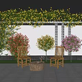 Vibrant Plant Combination Featuring Yellow Flowering Vines Red Pink Shrubs Bamboo Chairs Slate Floor