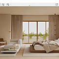 Modern Neutral Bedroom With Large Bed Floor to Ceiling Windows and Potted Plants
