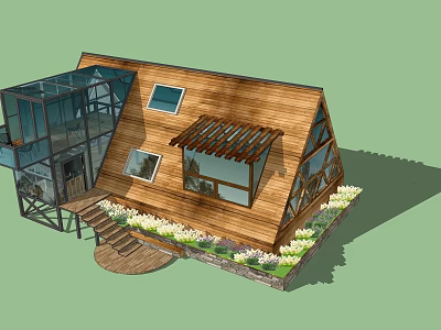 Modern Wooden House with Sloped Roof Large Glass Windows Pergola and Surrounding Flowers 3d model