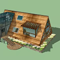 Modern Wooden House with Sloped Roof Large Glass Windows Pergola and Surrounding Flowers