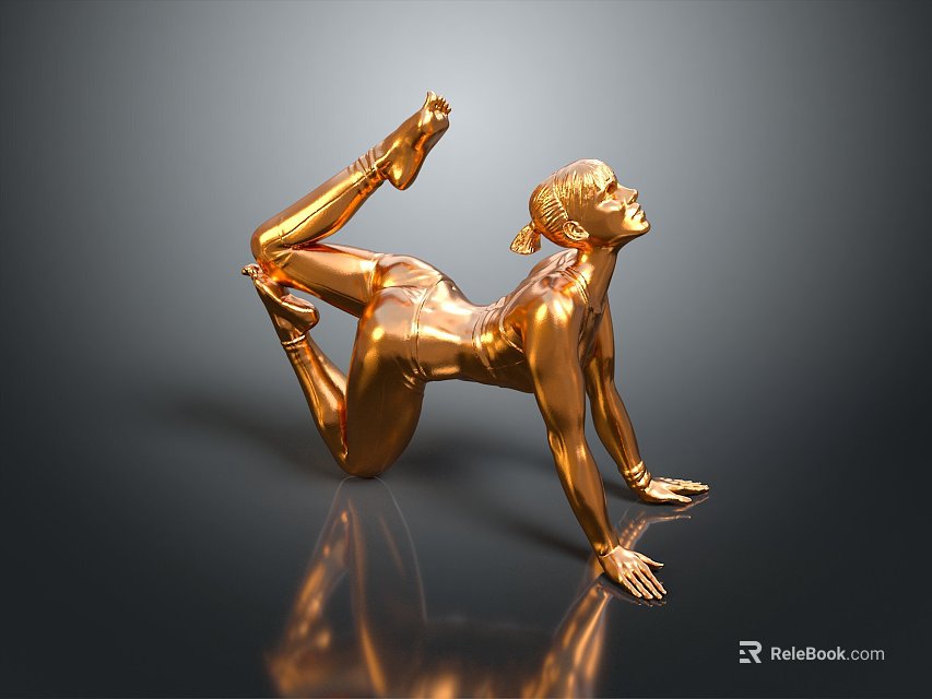 Golden Female Sculpture in Dynamic Pose with Metallic Finish on Dark Reflective Background 3d model 