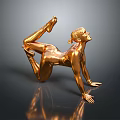 Golden Female Sculpture in Dynamic Pose with Metallic Finish on Dark Reflective Background