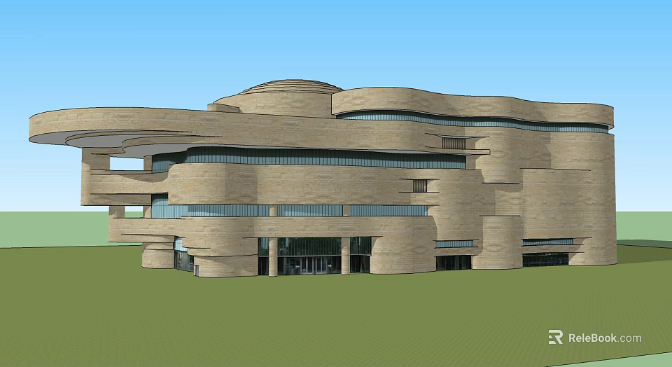 Modern Museum Building With Stone Exterior Curved Roof Large Glass Windows And Geometric Design 3d model 