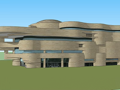 Modern Museum Building With Stone Exterior Curved Roof Large Glass Windows And Geometric Design 3d model
