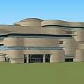 Modern Museum Building With Stone Exterior Curved Roof Large Glass Windows And Geometric Design