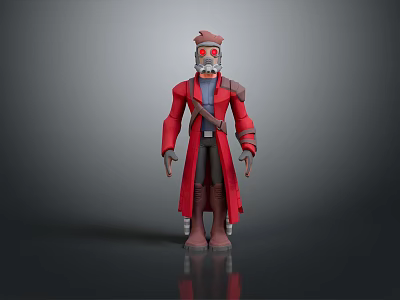 Mechanical Character With Red Eyes Red Long Coat And Hat In 3D Model Standing Pose 3d model