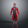 Mechanical Character With Red Eyes Red Long Coat And Hat In 3D Model Standing Pose