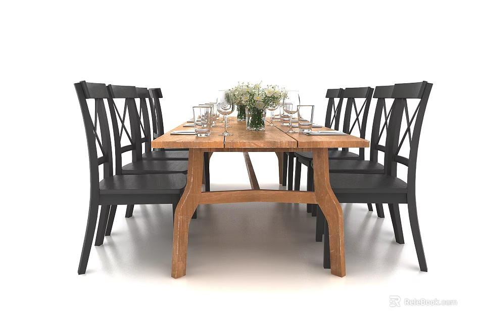 Rustic Wooden Dining Table Set with Black Chairs Floral Vase and Tableware 3d model 