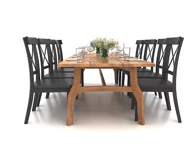 Rustic Wooden Dining Table Set with Black Chairs Floral Vase and Tableware 3d model