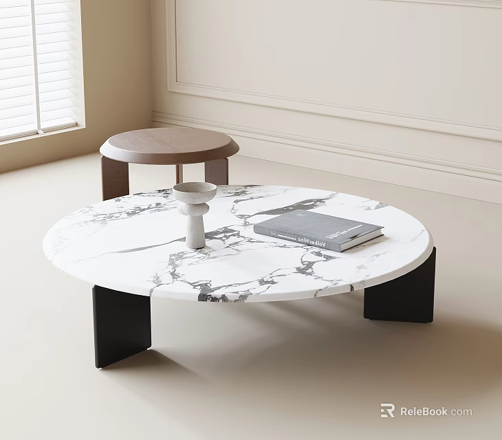 Modern Round Marble Coffee Table With Black Base White Vase And Gray Book 3d model 