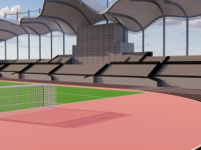 Football Stadium with Green Grass Field Grandstand Seating Red Running Track and Goalpost 3d model