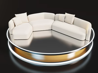 Modern White Curved Sectional Sofa With Cushions On Circular Metallic Glowing Platform 3d model