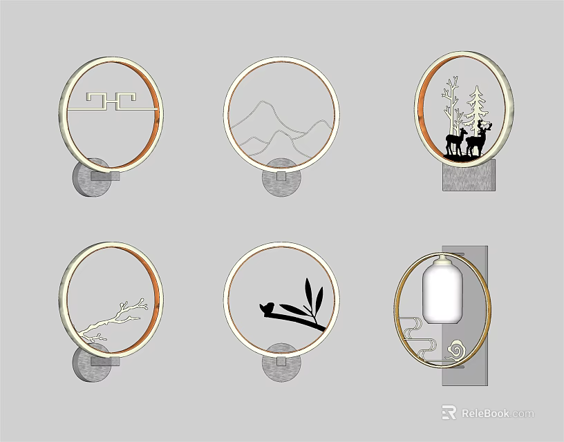 Decorative Round Wall Lamps With Traditional Patterns Golden Frames And Gray Bases 3d model 