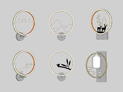Decorative Round Wall Lamps With Traditional Patterns Golden Frames And Gray Bases 3d model