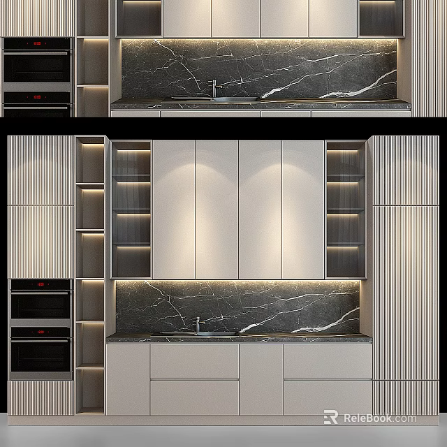 Modern Kitchen Interior With Lighted Cabinets And Marble Backsplash Built in Oven And Sleek Design 3d model 