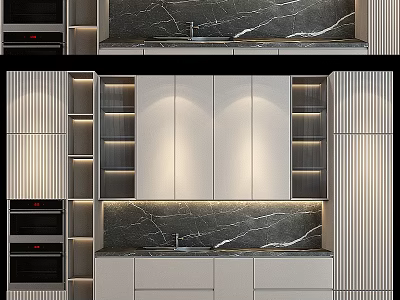 Modern Kitchen Interior With Lighted Cabinets And Marble Backsplash Built in Oven And Sleek Design 3d model