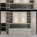Modern Kitchen Interior With Lighted Cabinets And Marble Backsplash Built in Oven And Sleek Design