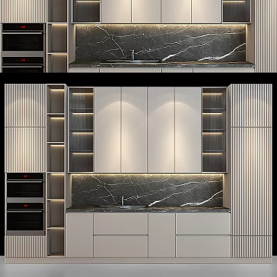Modern Kitchen Interior With Lighted Cabinets And Marble Backsplash Built in Oven And Sleek Design 3d model