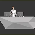 Modern White Geometric Reception Desk With Two Computer Monitors And Office Chair