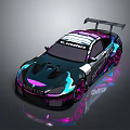 Custom Racing Car With Iridescent Purple Blue Paint Rear Spoiler And Colorful Alloy Wheels