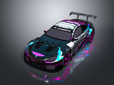 Custom Racing Car With Iridescent Purple Blue Paint Rear Spoiler And Colorful Alloy Wheels 3d model