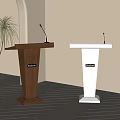 Brown And White Podium Lectern With Microphone Potted Plant Light Wall Wooden Floor
