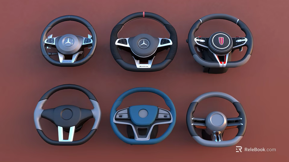 Car Steering Wheels With Different Designs Logos And Color Options On Red Background 3d model 