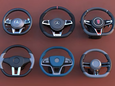 Car Steering Wheels With Different Designs Logos And Color Options On Red Background 3d model