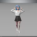 Stylish Character With Blue Pink Gradient Hair White Top Black Plaid Skirt Pink Striped Tights