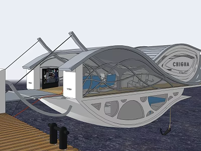 Modern Detached Villa With Wavy Roof And Waterfront Wooden Deck Design 3d model