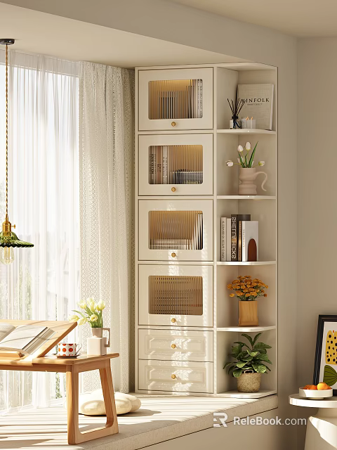 Modern Multi Tiered Storage Cabinet With Doors Open Shelves Books Vases And Decorations 3d model 