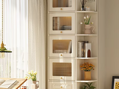 Modern Multi Tiered Storage Cabinet With Doors Open Shelves Books Vases And Decorations 3d model