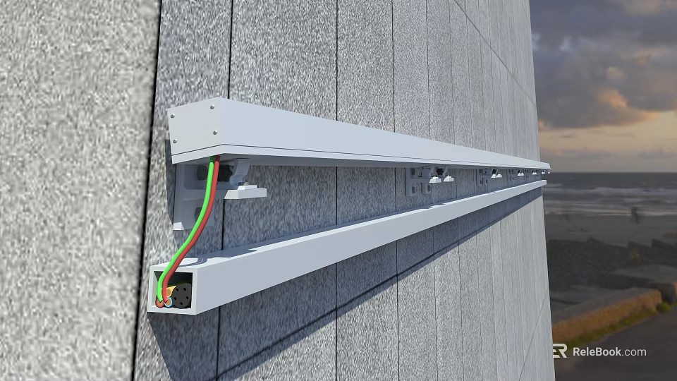 Long White Strip Decorative Light Outdoor Mounted on Gray Stone Wall with Green Red Wires 3d model 