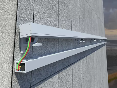 Long White Strip Decorative Light Outdoor Mounted on Gray Stone Wall with Green Red Wires 3d model