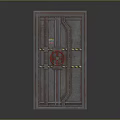 Vintage Industrial Door With Dark Wooden Frame Red Decorative Wheel Metal Straps And Paneled Design