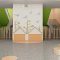Bright Spacious Kindergarten Classroom Interior With Tables Chairs And Large Windows