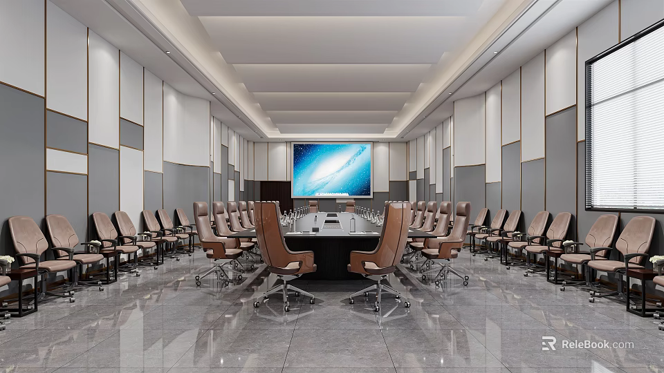 Modern Conference Room Interior With Long Table Large Screen Comfortable Chairs And Sleek Floor 3d model 