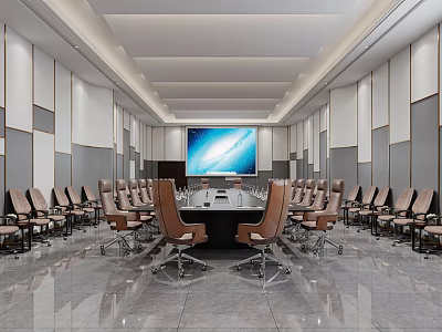 Modern Conference Room Interior With Long Table Large Screen Comfortable Chairs And Sleek Floor 3d model
