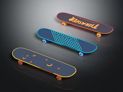Stylish Colorful Skateboards With Three Different Graphic Designs And Colored Wheels 3d model